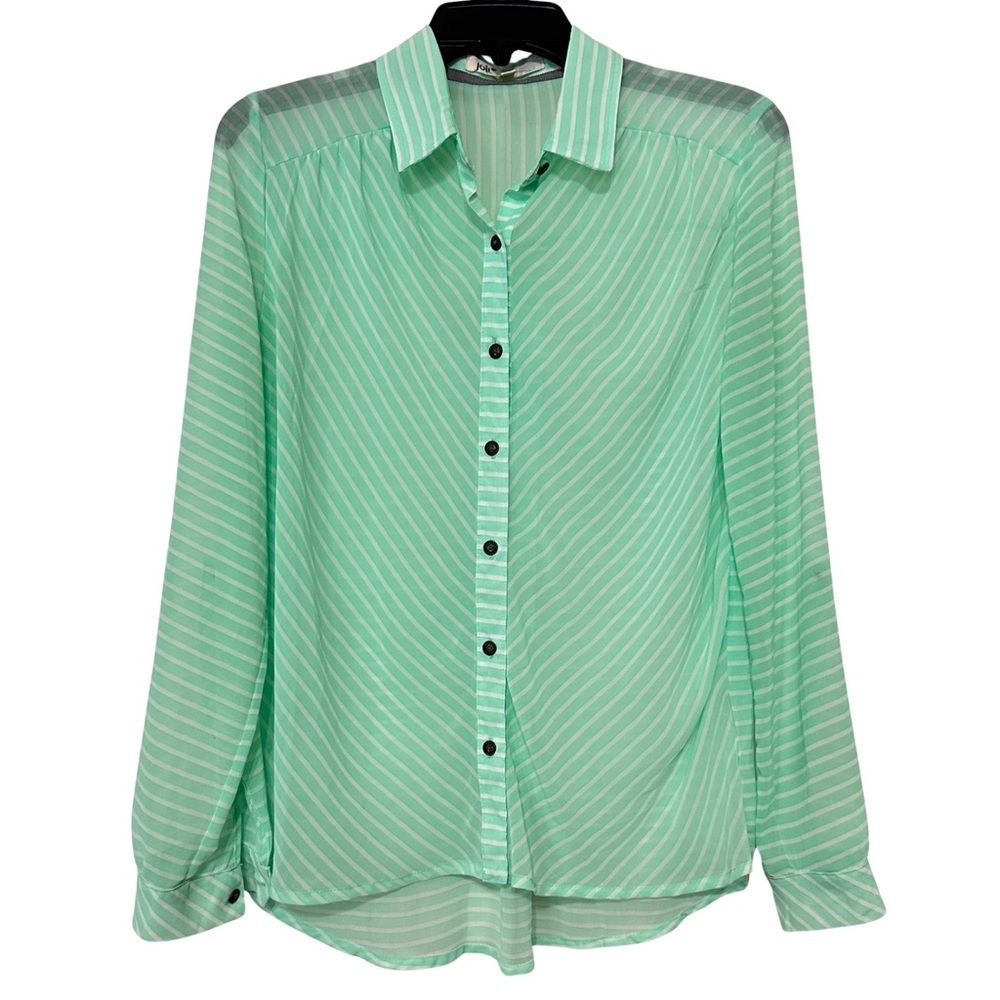 Jolt Mint Green White Stripe Roll Tab Sleeve Button Front Sheer Blouse Top Sz M